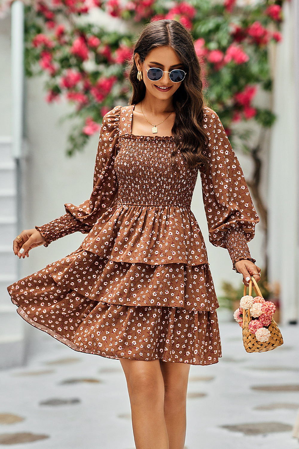 Square Neck Puff Sleeve Flroal Cute Tiered Flowy Dress Mini