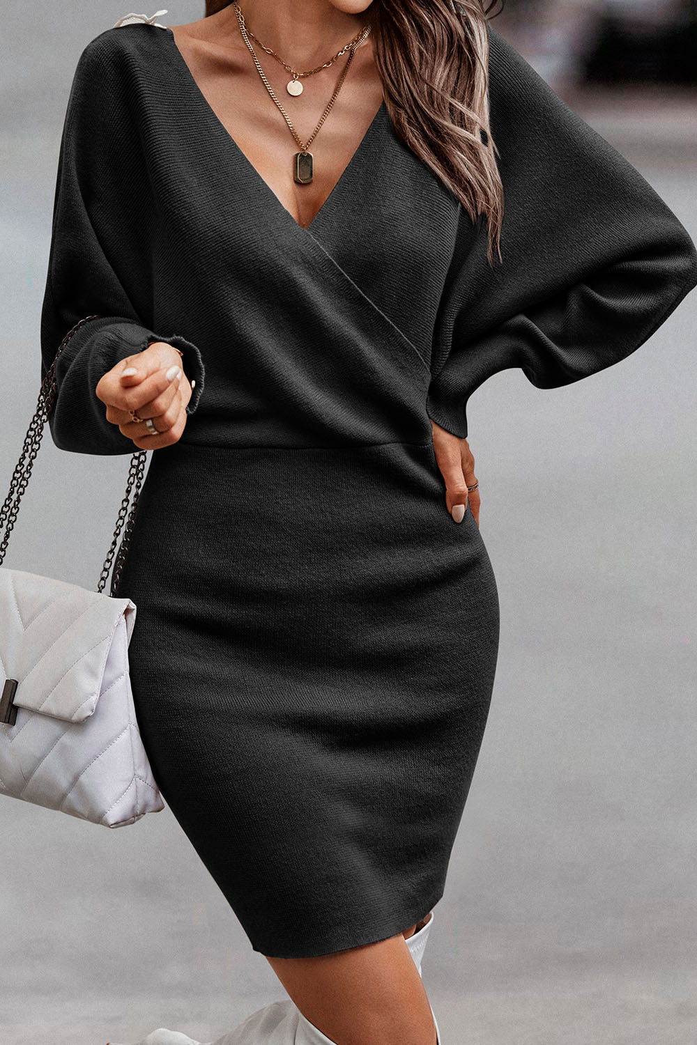 Long Sleeve Wrap V Neck Backless Sweater Dresses