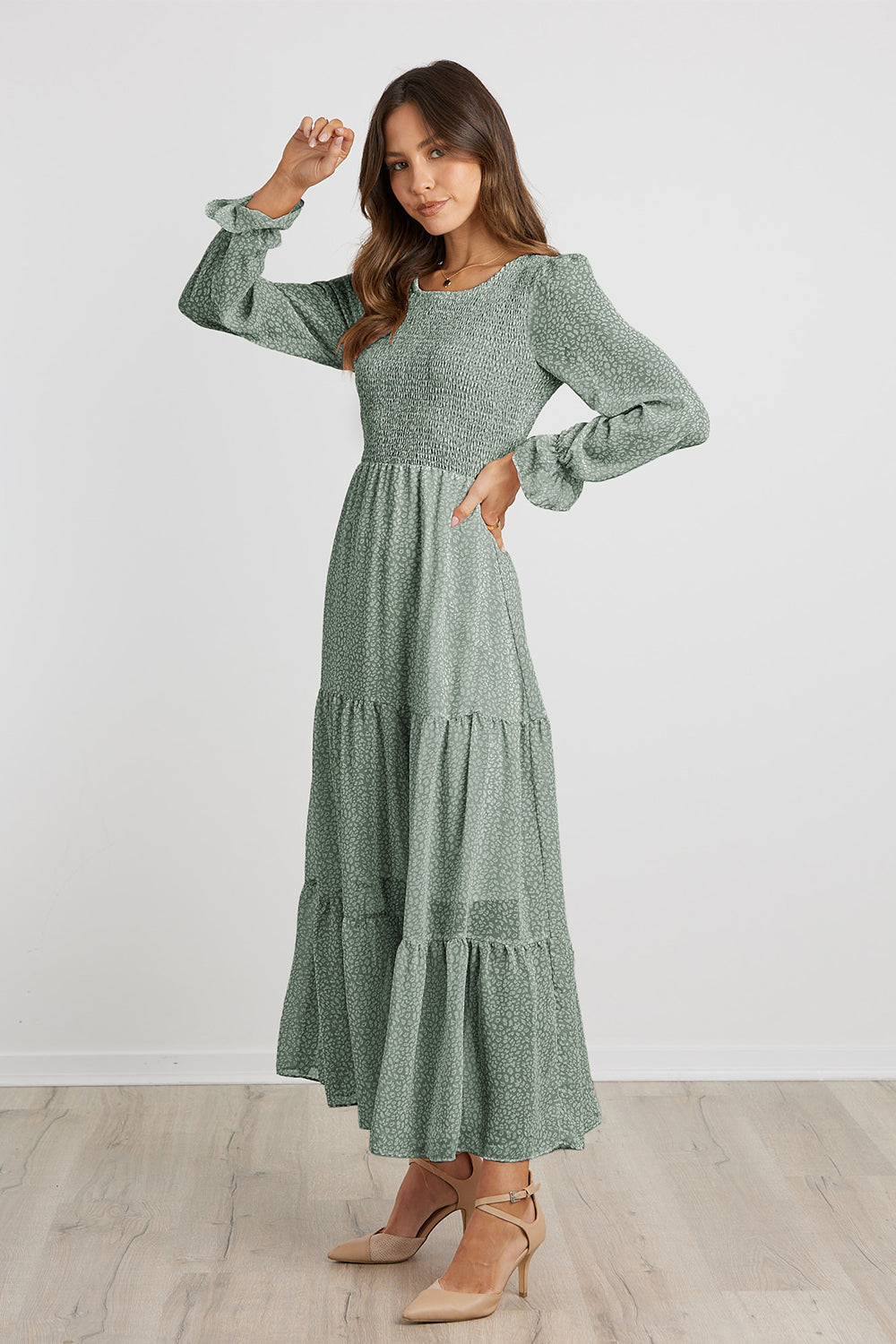 Long Sleeve Bohemian Tiered Dirty Floral Maxi Dress