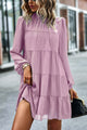 Puff Sleeve Mock Neck Tiered Loose Babydoll Dress