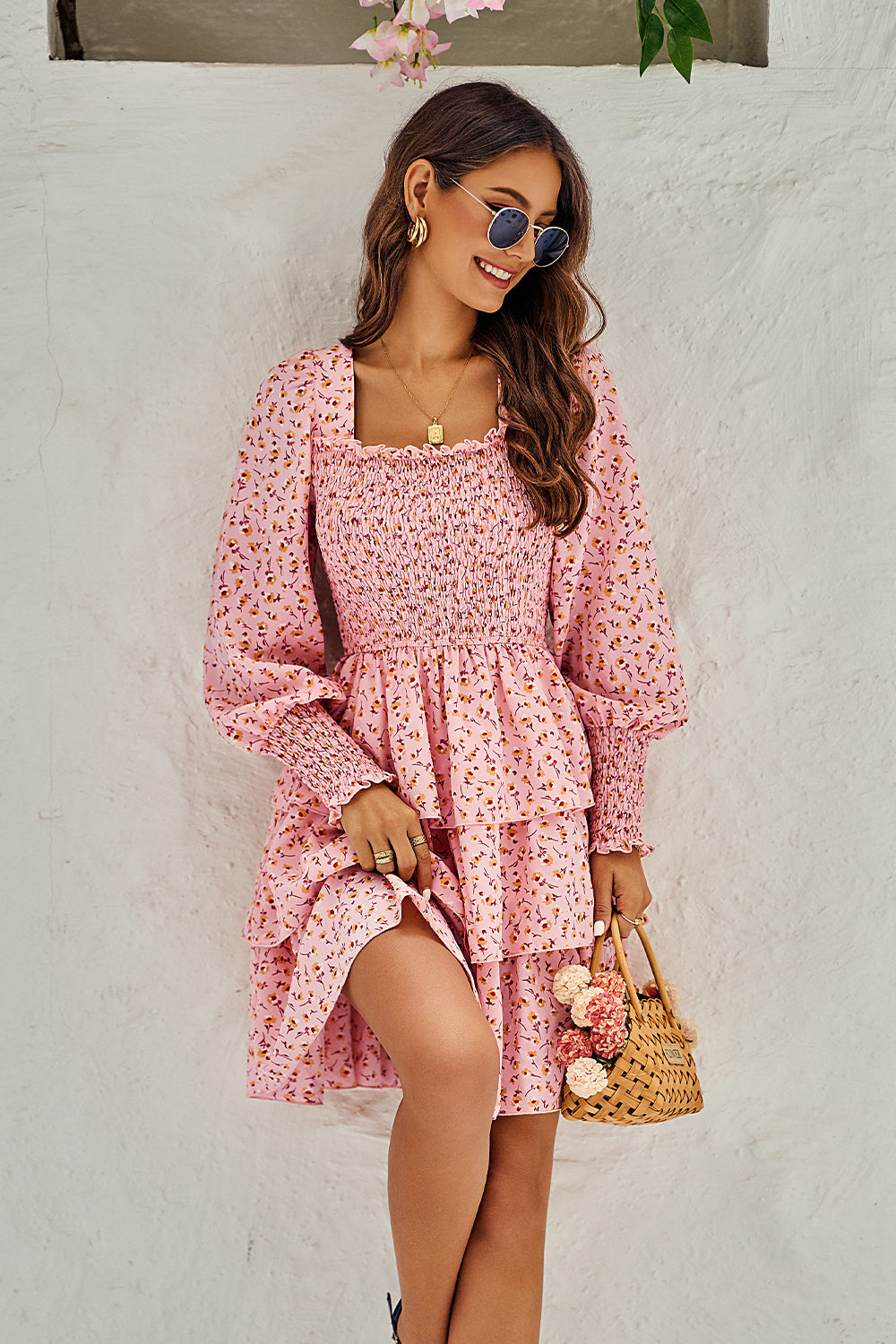 Square Neck Puff Sleeve Flroal Cute Tiered Flowy Dress Mini