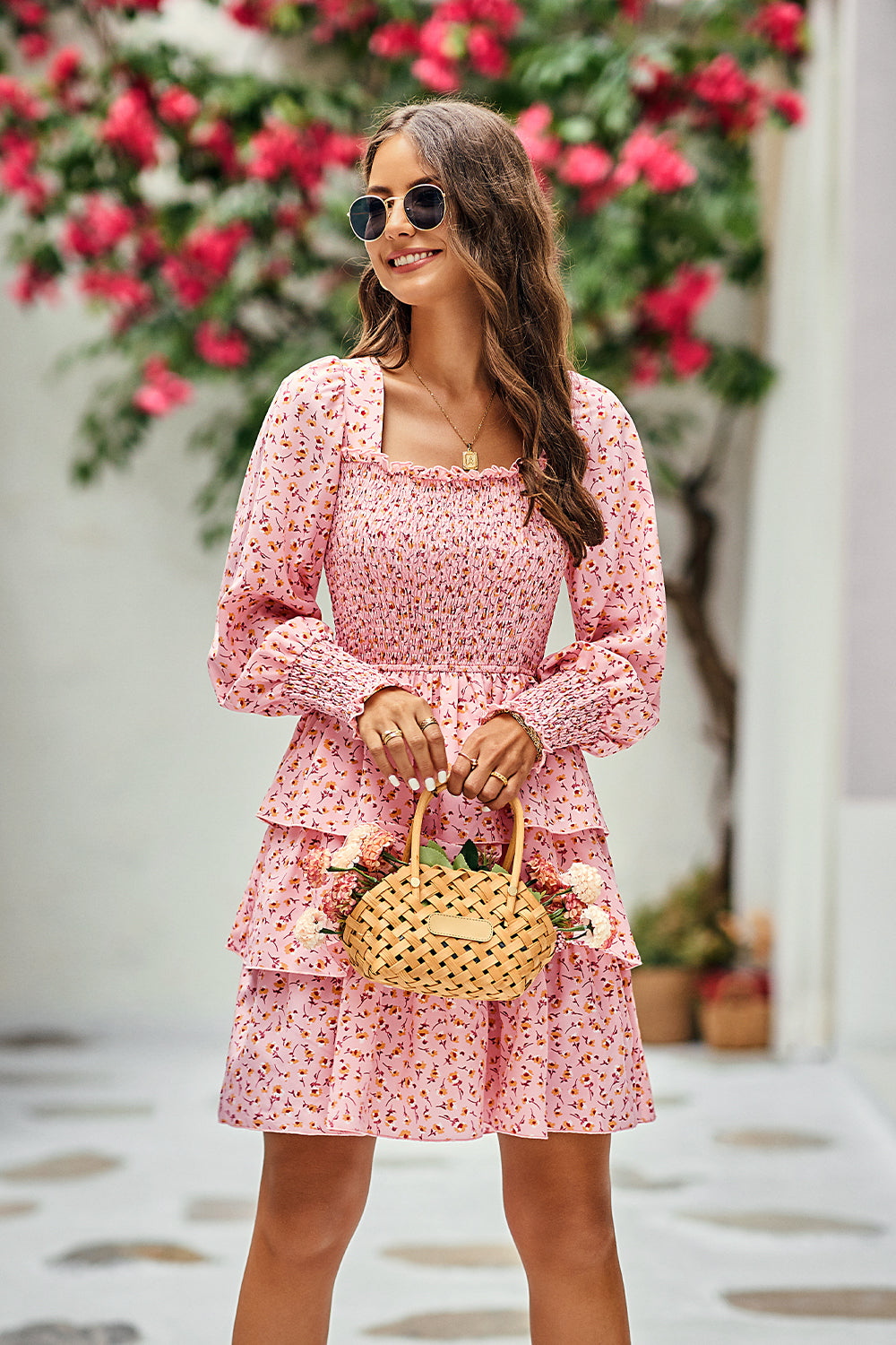 Square Neck Puff Sleeve Flroal Cute Tiered Flowy Dress Mini