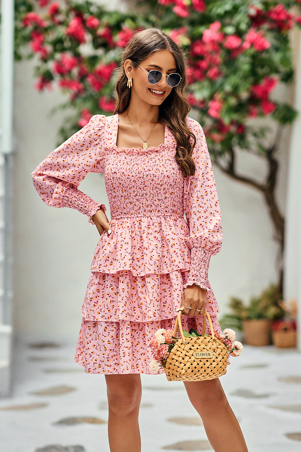 Square Neck Puff Sleeve Flroal Cute Tiered Flowy Dress Mini