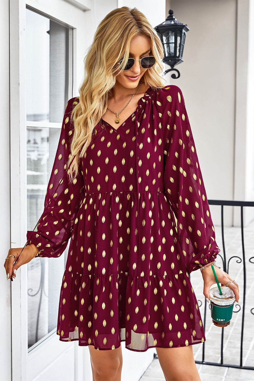 Ruffle Polka Dot  Loose Tunic Tiered Swing Mini Dress