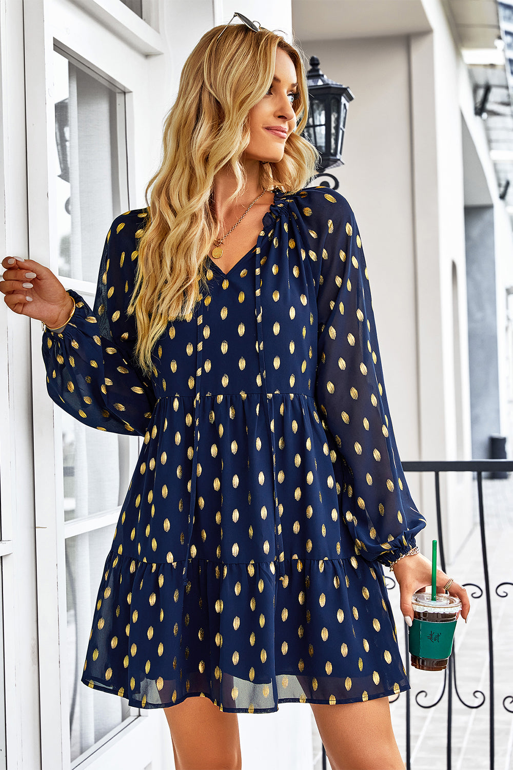 Ruffle Polka Dot  Loose Tunic Tiered Swing Mini Dress