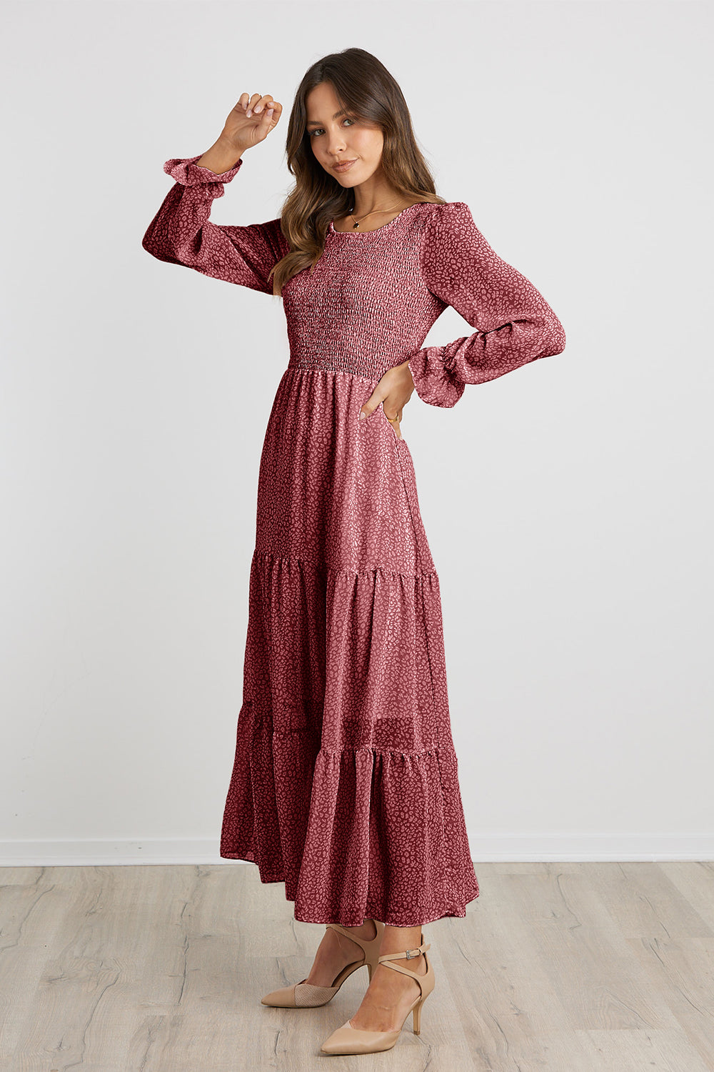 Long Sleeve Bohemian Tiered Dirty Floral Maxi Dress