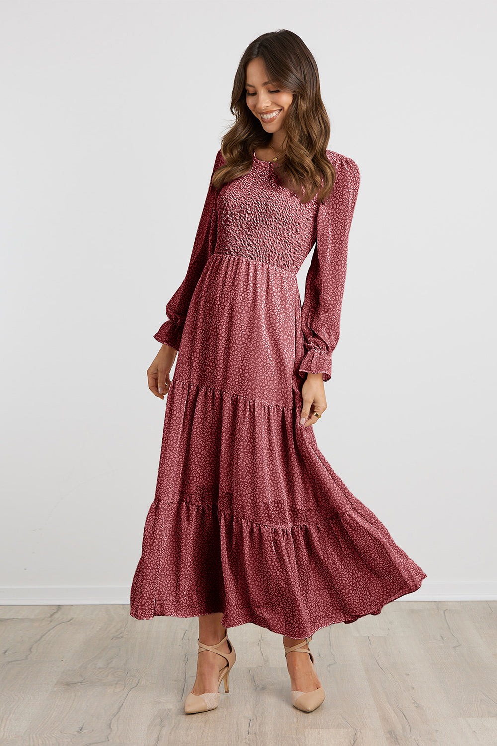 Long Sleeve Bohemian Tiered Dirty Floral Maxi Dress