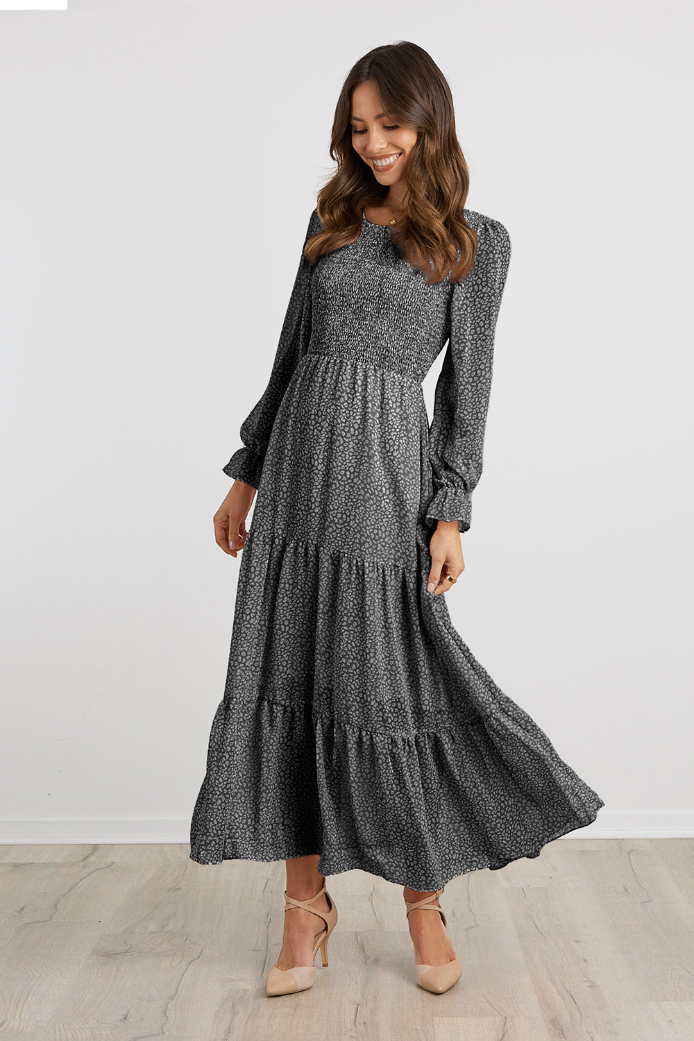 Long Sleeve Bohemian Tiered Dirty Floral Maxi Dress