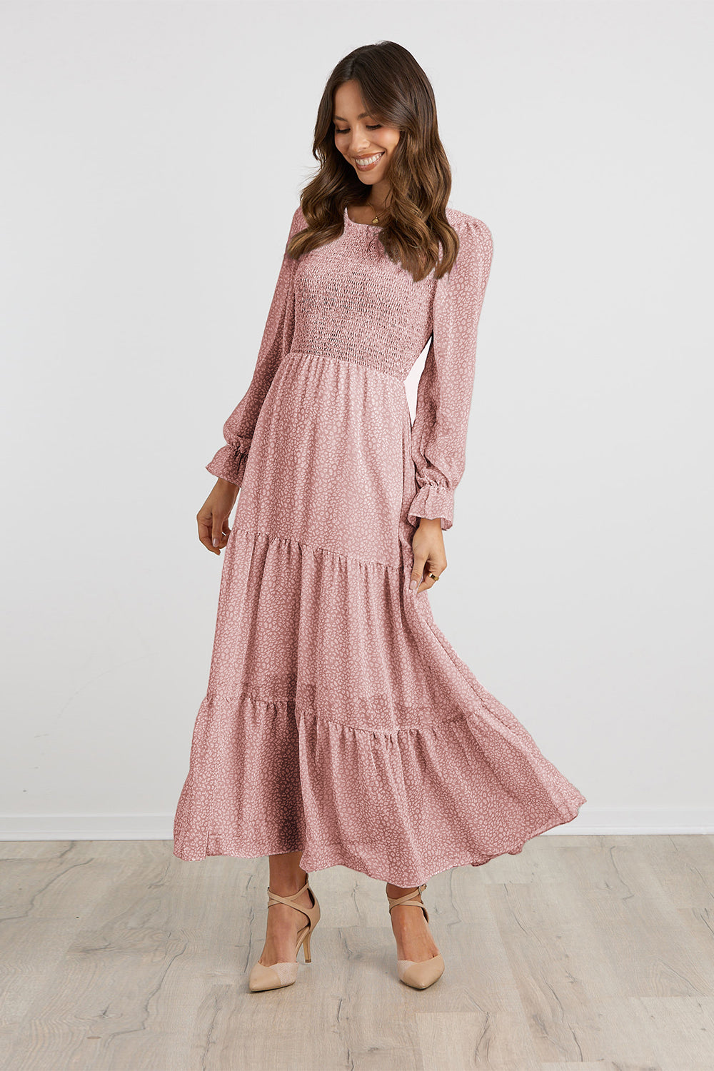 Long Sleeve Bohemian Tiered Dirty Floral Maxi Dress