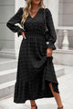 Women Long Sleeve V Neck Swiss Dot Boho Maxi Dress