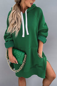 Long Sleeve Split Hem Hoodie Dress with Kangaroo Pocket