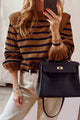 Long Lantern Sleeve Striped Ribbed Knit Pullover Top