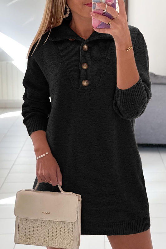 Turtleneck Button Down Solid Lapel Knit Dress