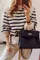 Long Lantern Sleeve Striped Ribbed Knit Pullover Top