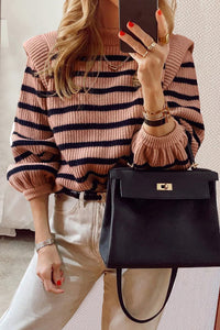 Long Lantern Sleeve Striped Ribbed Knit Pullover Top