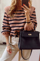 Long Lantern Sleeve Striped Ribbed Knit Pullover Top