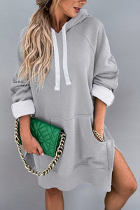 Long Sleeve Split Hem Hoodie Dress with Kangaroo Pocket