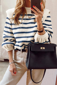 Long Lantern Sleeve Striped Ribbed Knit Pullover Top