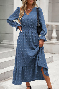 Women Long Sleeve V Neck Swiss Dot Boho Maxi Dress