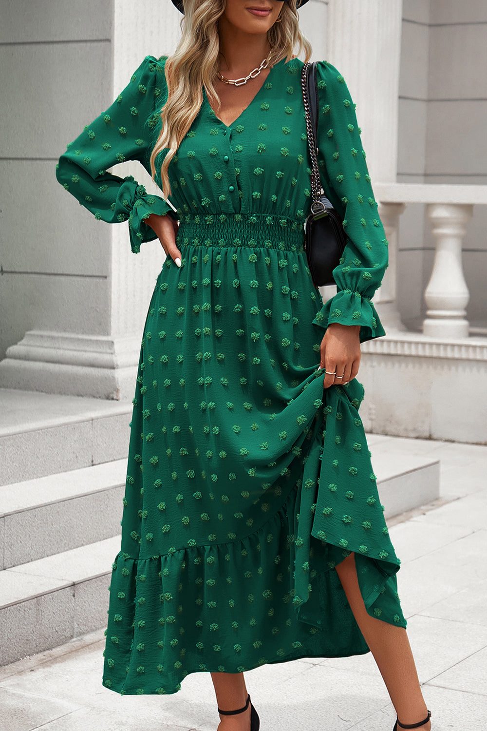 Women Long Sleeve V Neck Swiss Dot Boho Maxi Dress