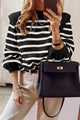 Long Lantern Sleeve Striped Ribbed Knit Pullover Top