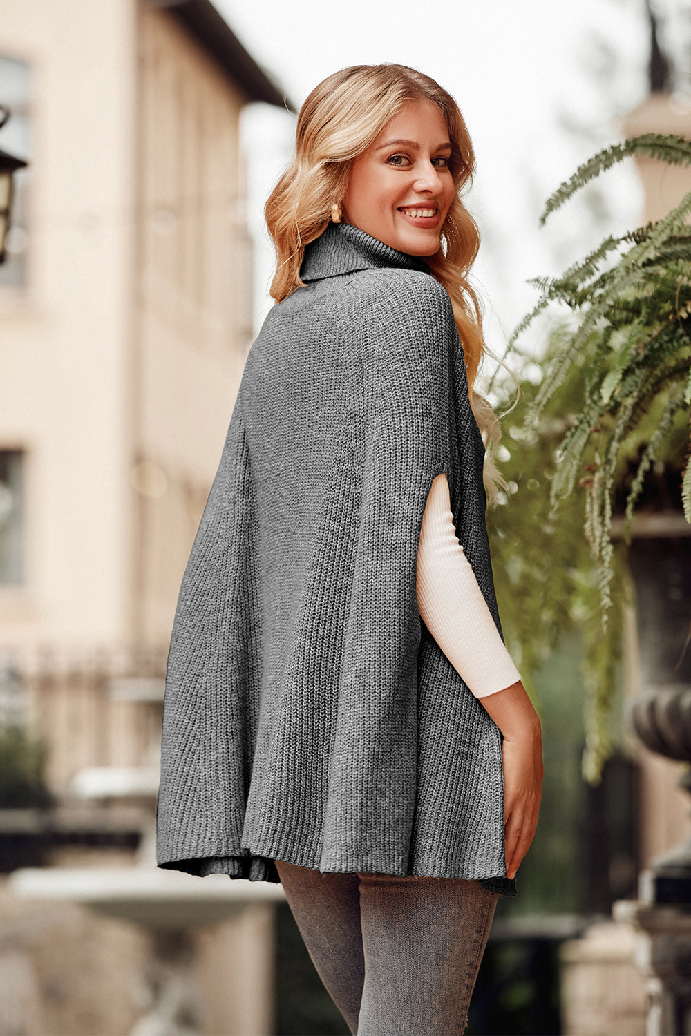 Turtleneck Poncho Chunky Knit Cape Wrap Sweaters