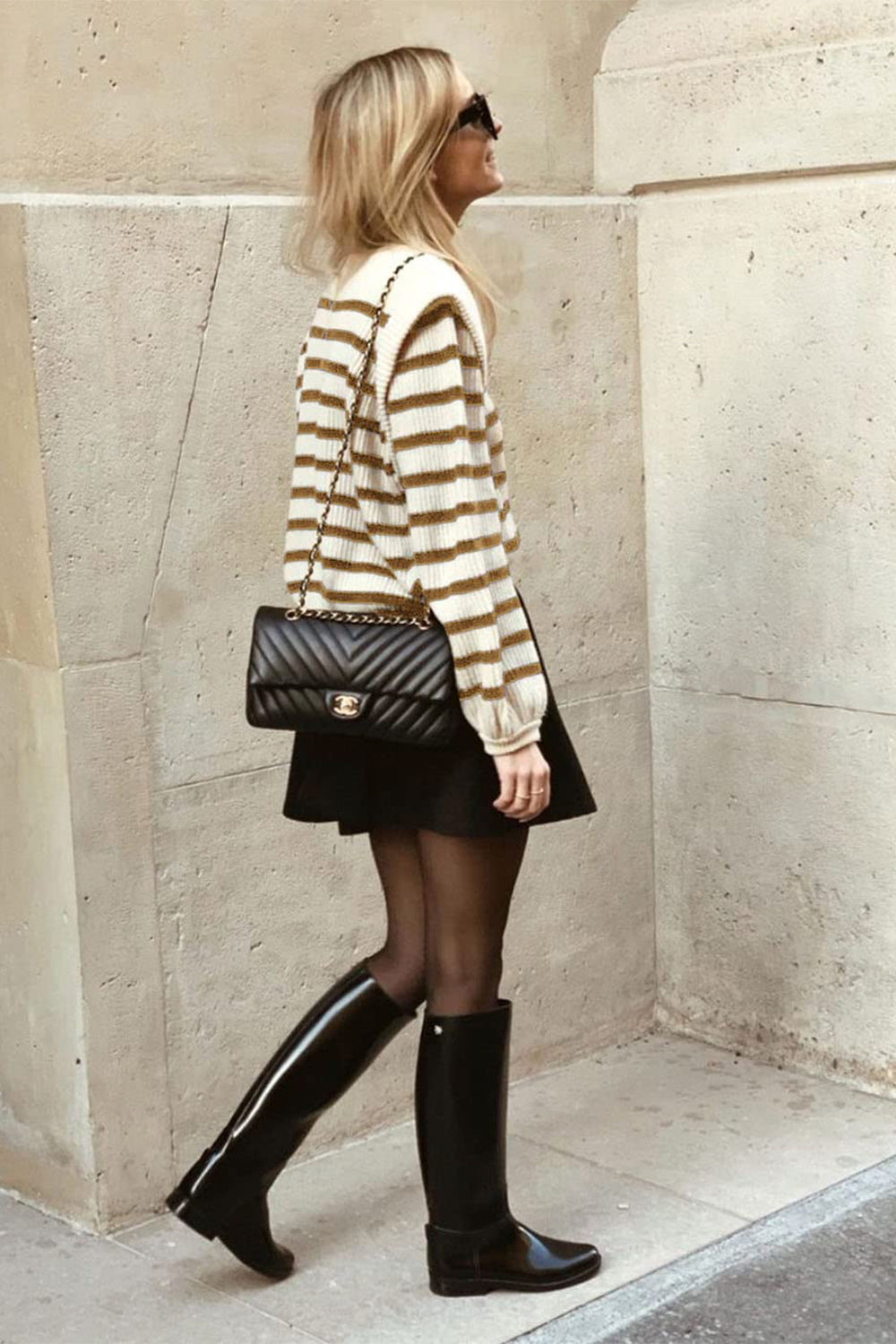 Long Lantern Sleeve Striped Ribbed Knit Pullover Top