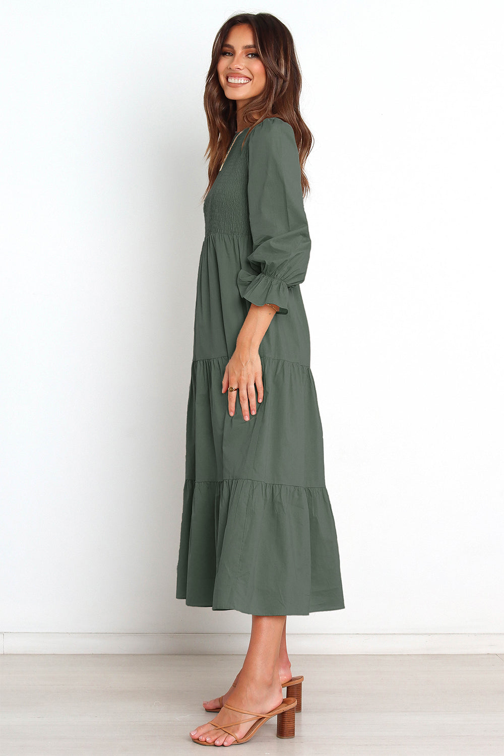 Smocked Peplum Sleeve Layered Ruched Long Dress