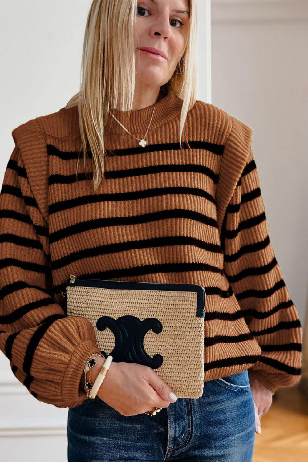 Long Lantern Sleeve Striped Ribbed Knit Pullover Top