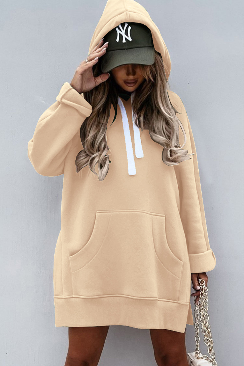 Long Sleeve Split Hem Hoodie Dress with Kangaroo Pocket