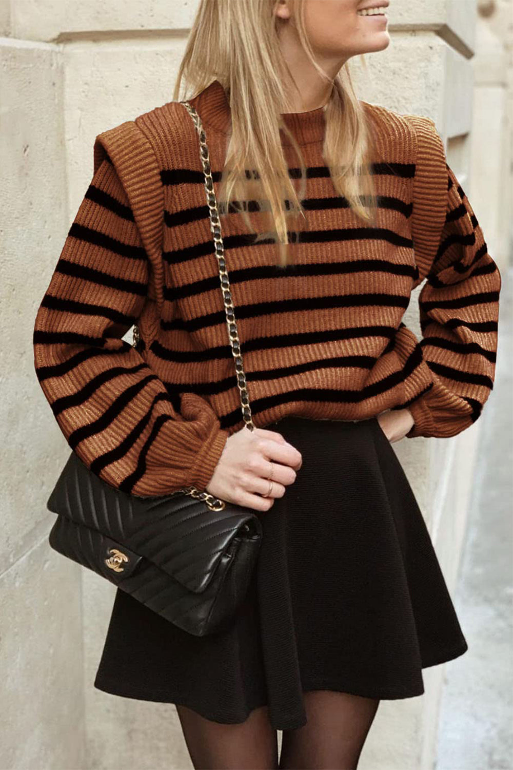 Long Lantern Sleeve Striped Ribbed Knit Pullover Top