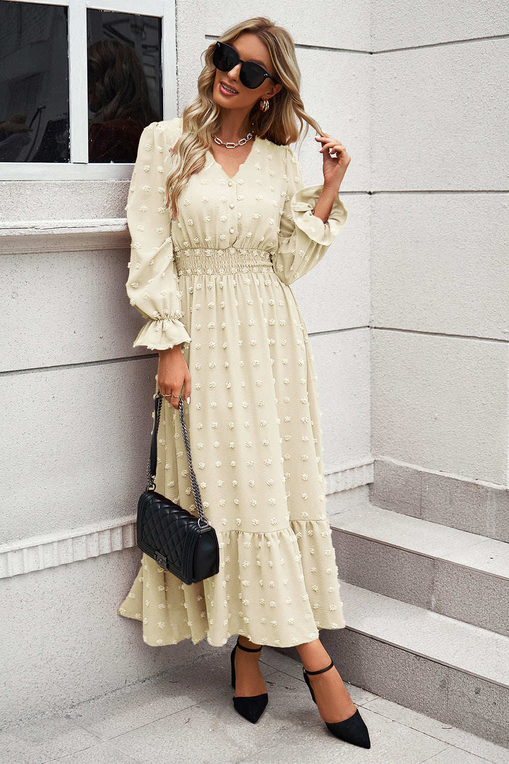 Women Long Sleeve V Neck Swiss Dot Boho Maxi Dress