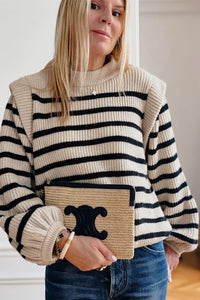 Long Lantern Sleeve Striped Ribbed Knit Pullover Top