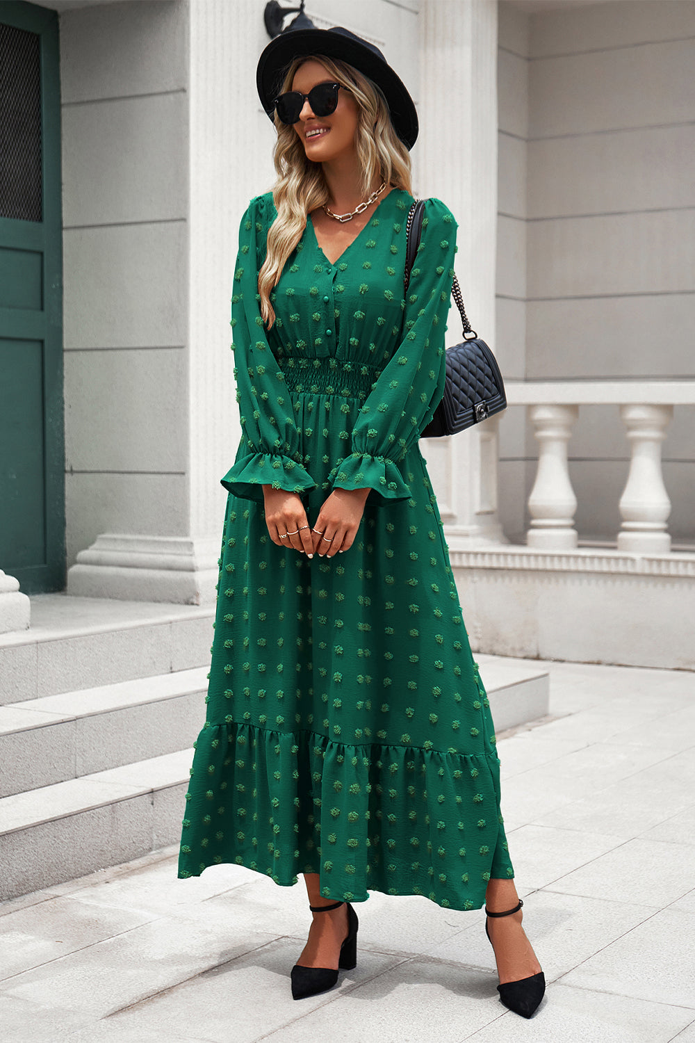 Women Long Sleeve V Neck Swiss Dot Boho Maxi Dress