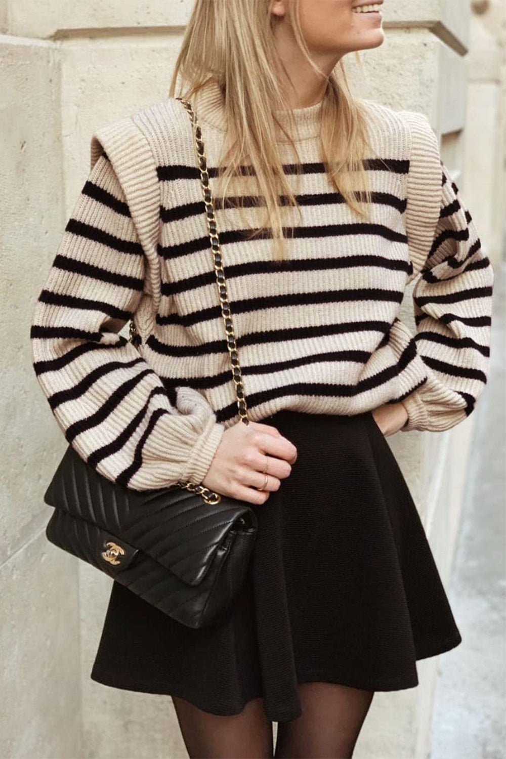 Long Lantern Sleeve Striped Ribbed Knit Pullover Top