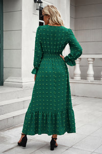 Women Long Sleeve V Neck Swiss Dot Boho Maxi Dress