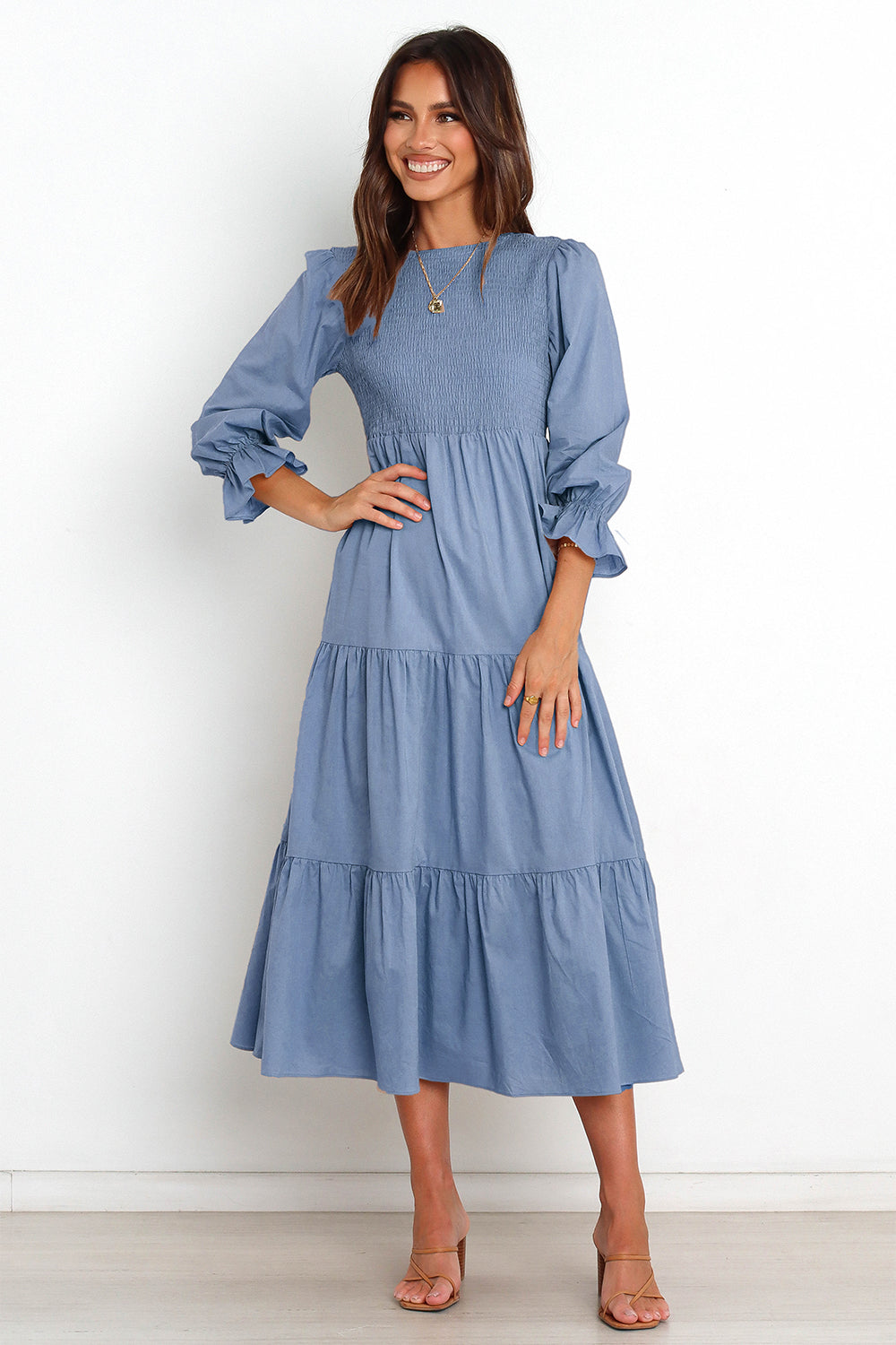 Smocked Peplum Sleeve Layered Ruched Long Dress