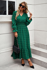 Women Long Sleeve V Neck Swiss Dot Boho Maxi Dress