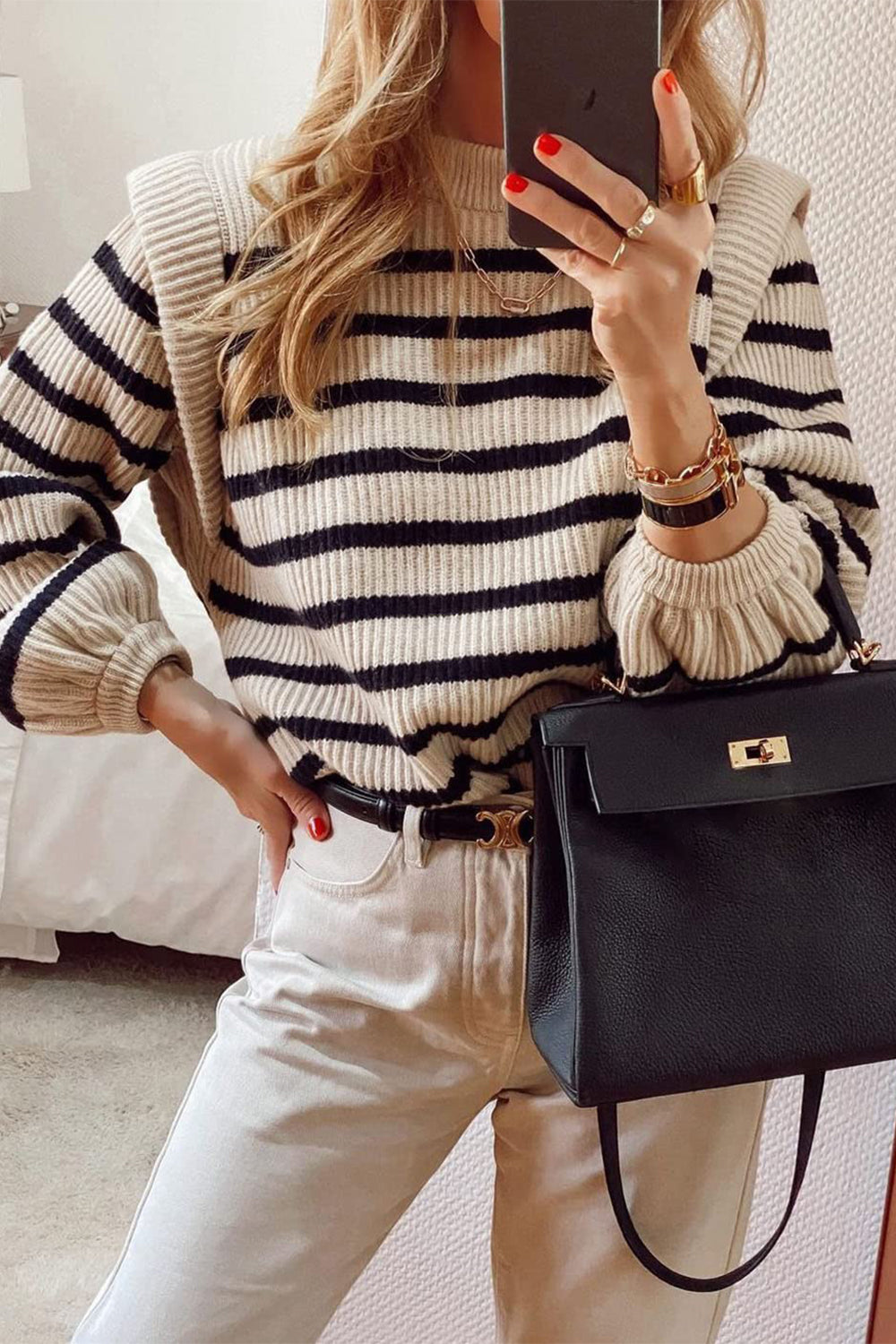 Long Lantern Sleeve Striped Ribbed Knit Pullover Top