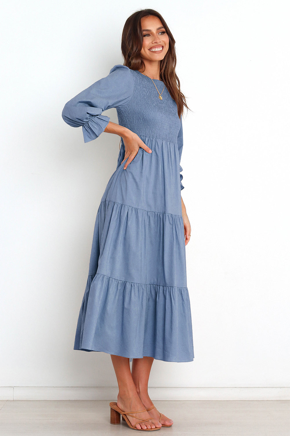 Smocked Peplum Sleeve Layered Ruched Long Dress