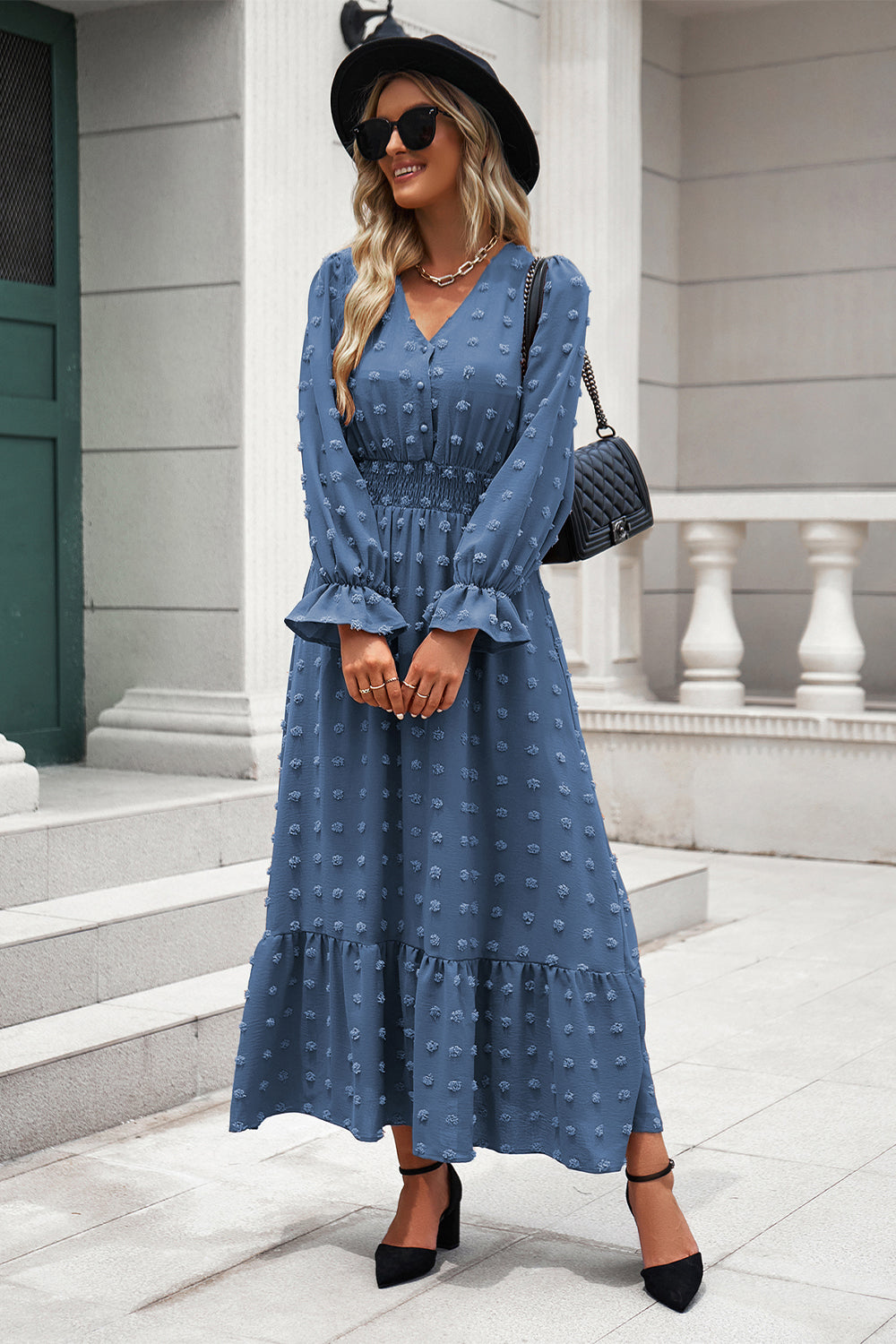 Women Long Sleeve V Neck Swiss Dot Boho Maxi Dress