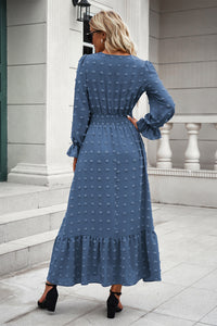 Women Long Sleeve V Neck Swiss Dot Boho Maxi Dress