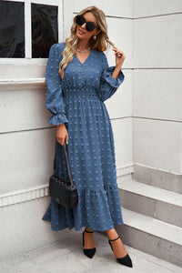 Women Long Sleeve V Neck Swiss Dot Boho Maxi Dress