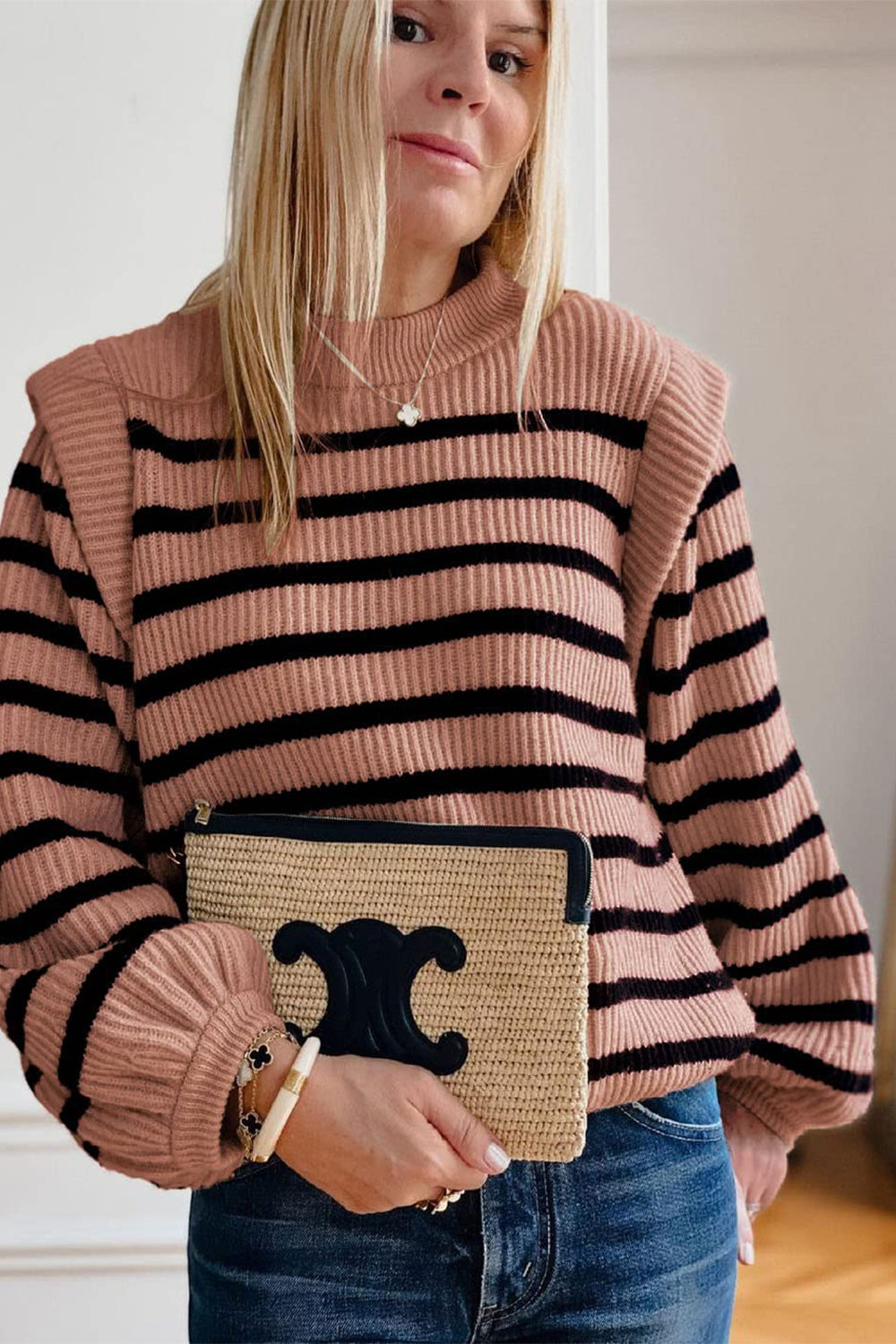 Long Lantern Sleeve Striped Ribbed Knit Pullover Top