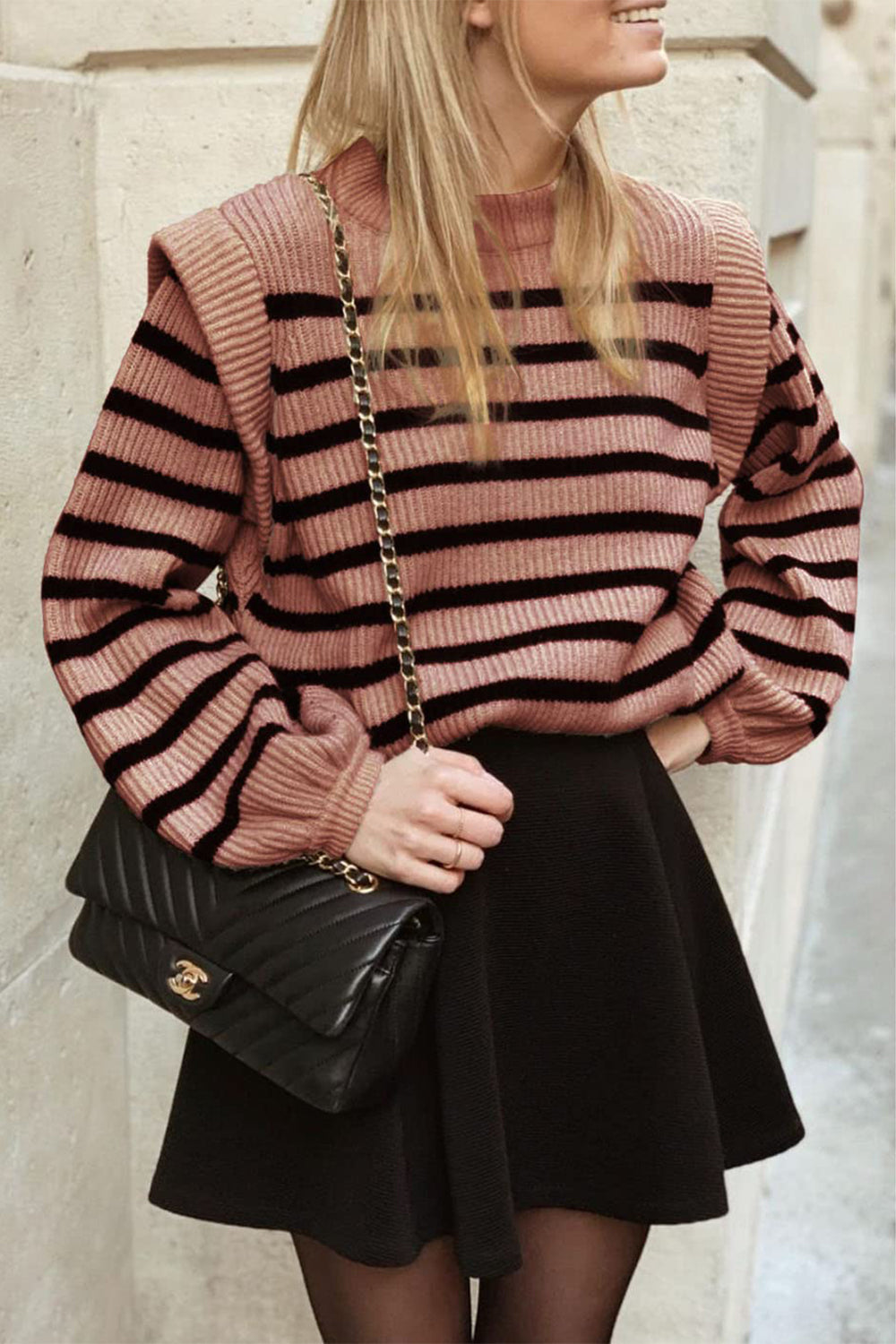 Long Lantern Sleeve Striped Ribbed Knit Pullover Top