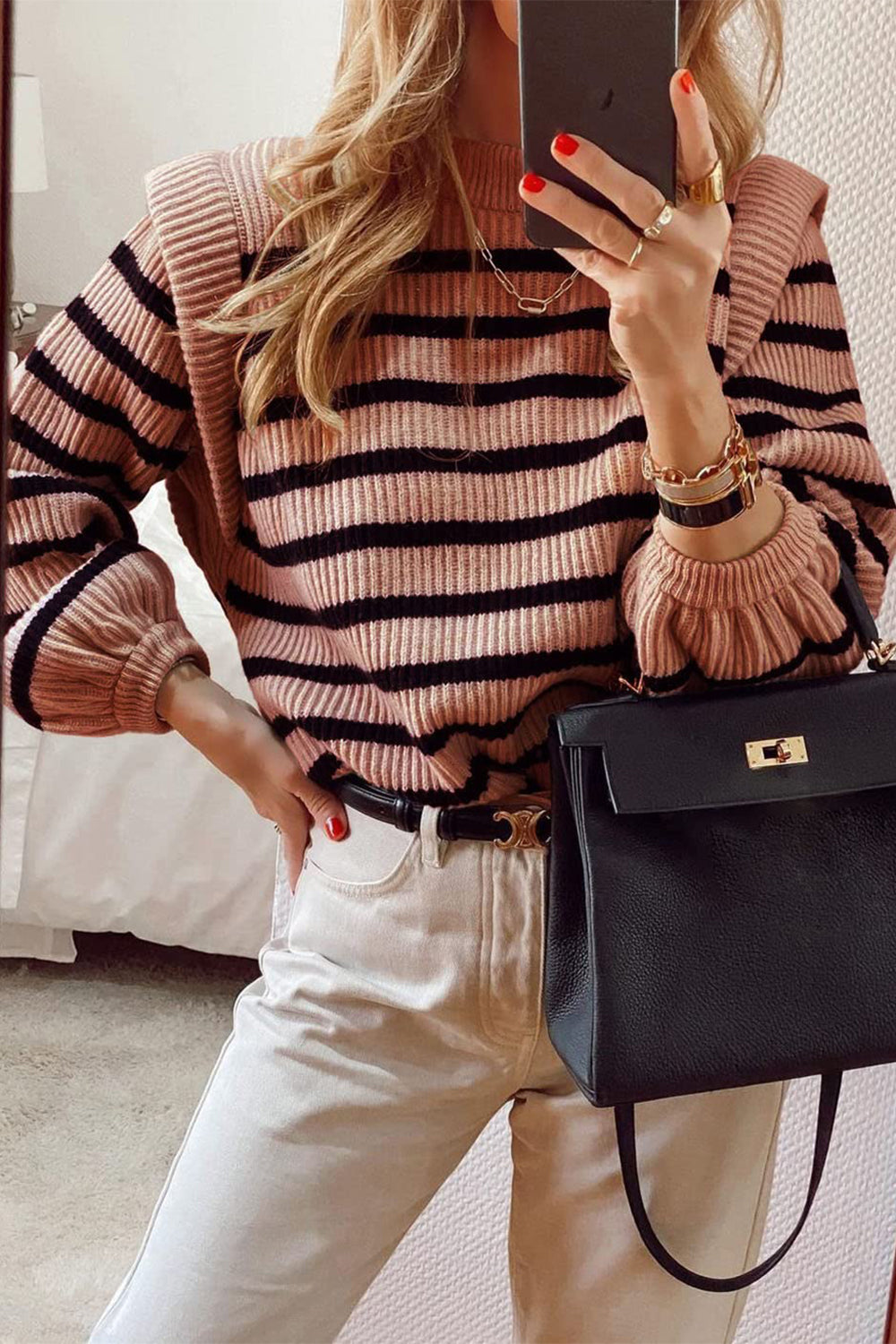 Long Lantern Sleeve Striped Ribbed Knit Pullover Top