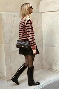 Long Lantern Sleeve Striped Ribbed Knit Pullover Top