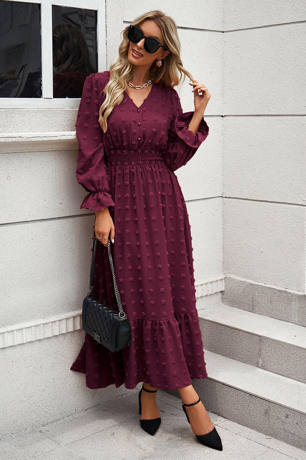 Women Long Sleeve V Neck Swiss Dot Boho Maxi Dress