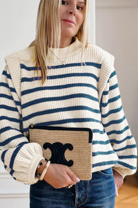 Long Lantern Sleeve Striped Ribbed Knit Pullover Top