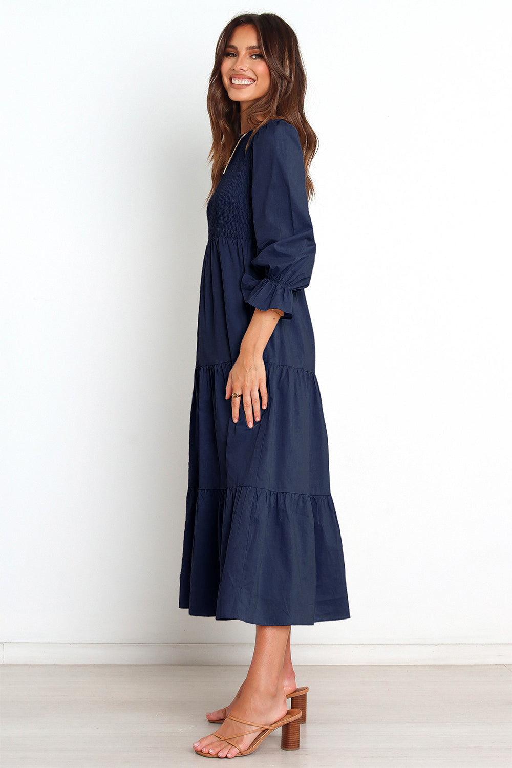 Smocked Peplum Sleeve Layered Ruched Long Dress